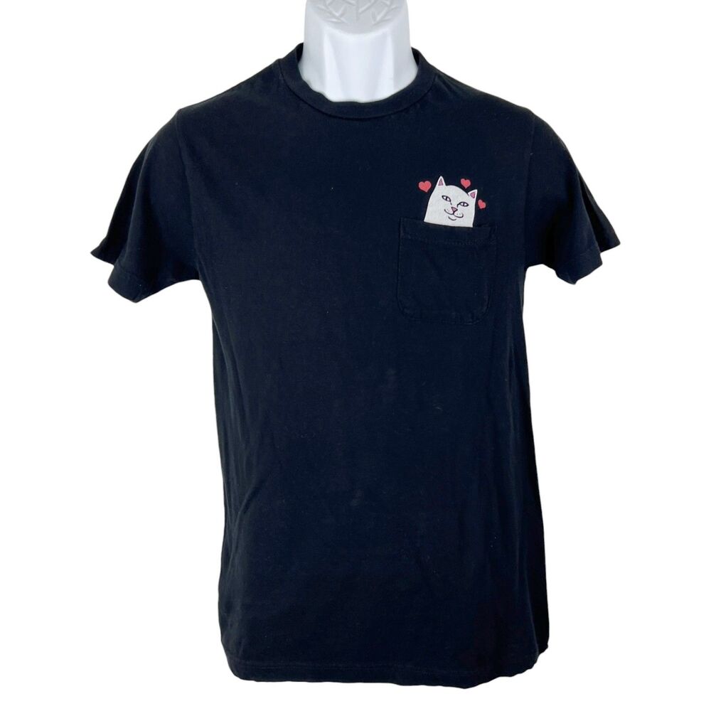 Rip n Dip Shirt Men Small Black Short Sleeve Cat Heart Pocket Graphic Tee
